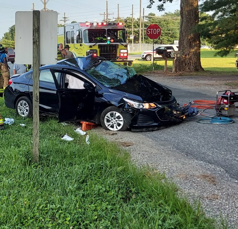 Shows crashed vehicle