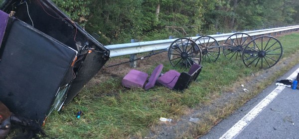 Broken wrecked horse drawn buggy laying in pieces on side of roadway.