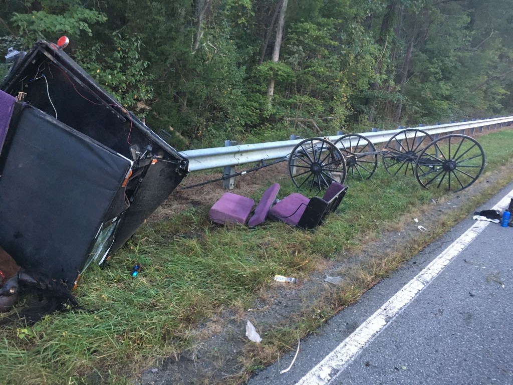 Broken wrecked horse drawn buggy laying in pieces on side of roadway.