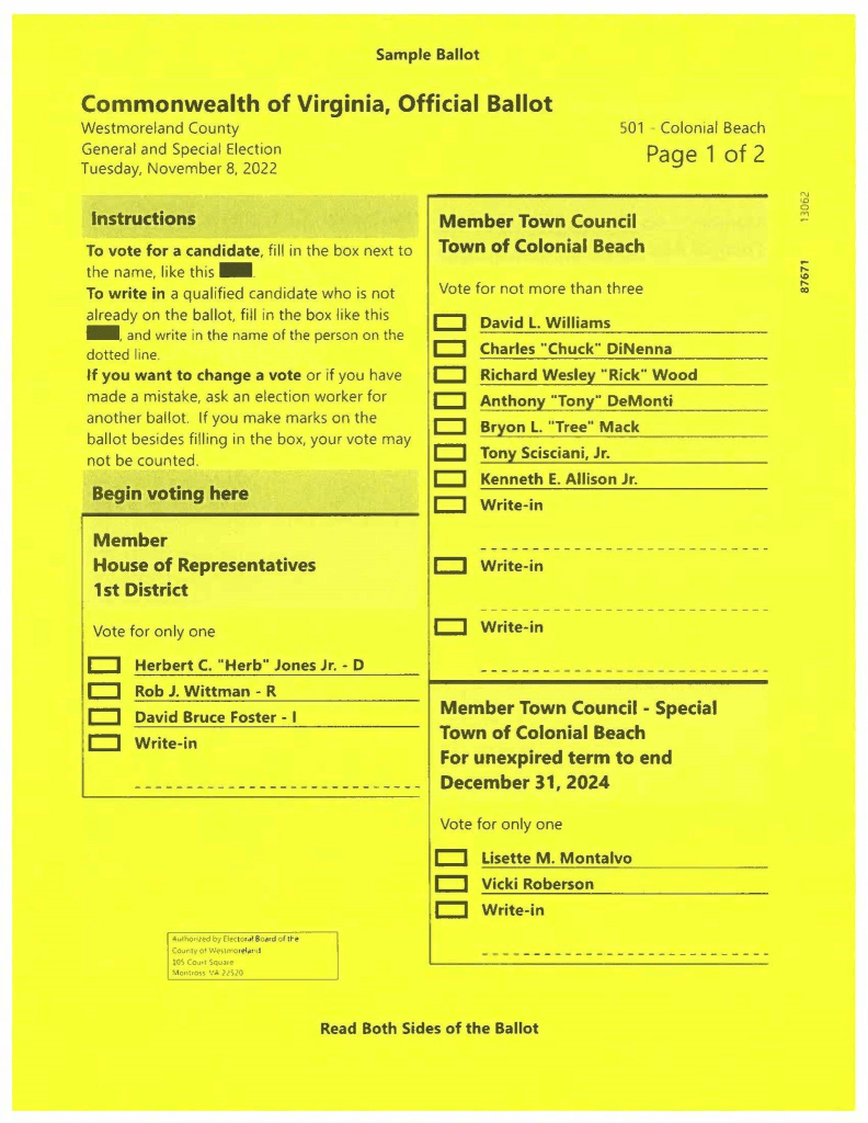 Colonial Beach Ballot page one