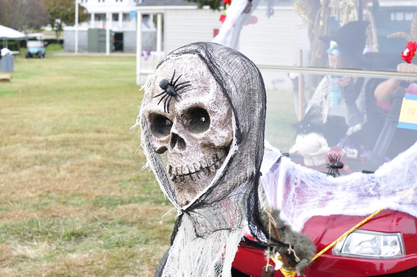 fake human skull with fake black spider crawling on the forehead attached to the front of a golf cart.