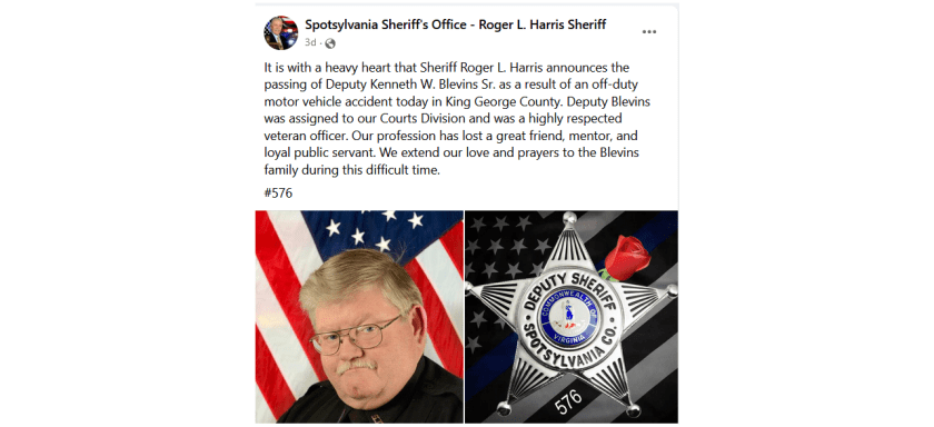 Death announcement, photo and badge number of Sheriff's Deputy Kenneth Wayne Blevins Sr.